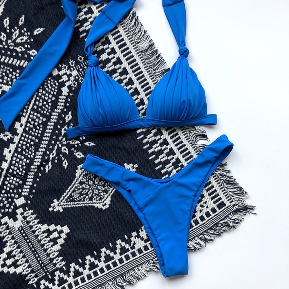 🆕Blue Neck Tie Shell Top Bikini Set Bathing Suit - Picture 4 of 5